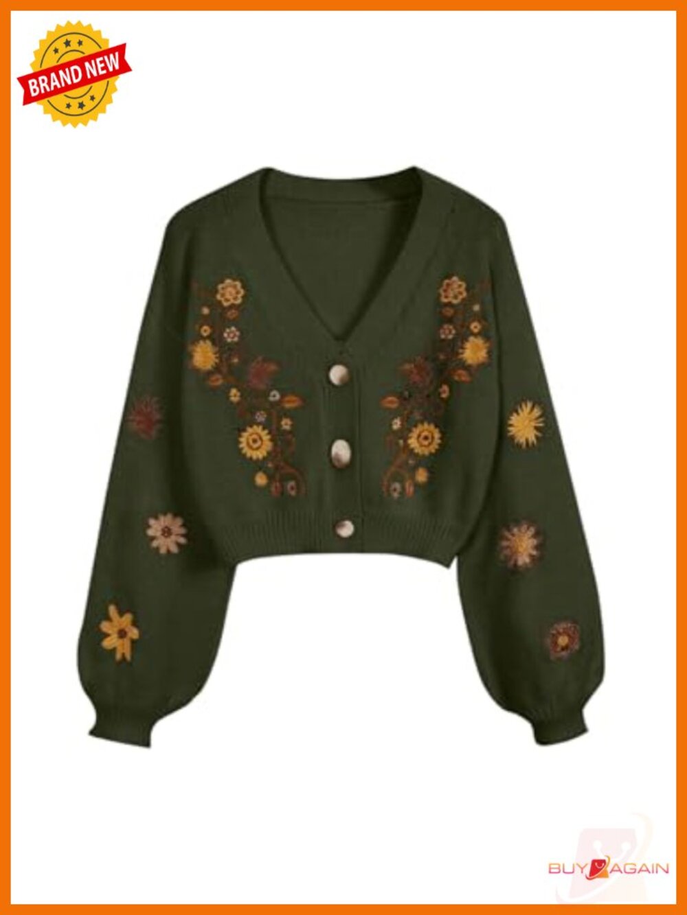 Women's Floral Button Front Cropped Cardigan Long Sleeve V-Neck Knit Sweater